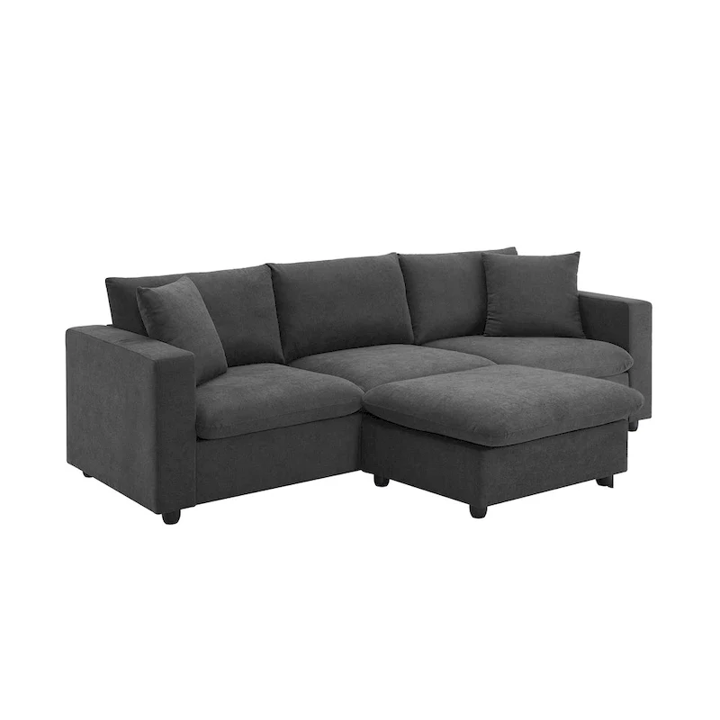 4-Seat Polyester L-Shaped Sectional Sofa with Convertible Ottoman