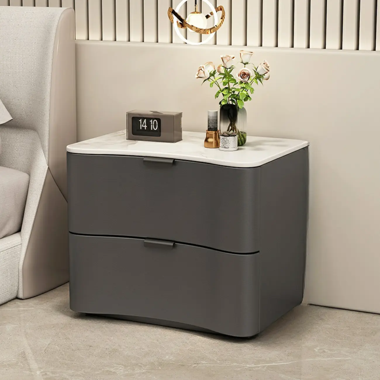 Modern Waved Stone Top Leather 2-Drawer Nightstand