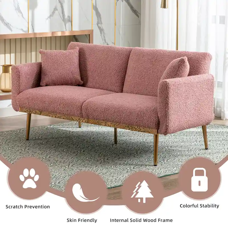 Teddy Fabric Upholstered Tufted Loveseats Sleeper Sofa With Rose Golden Legs