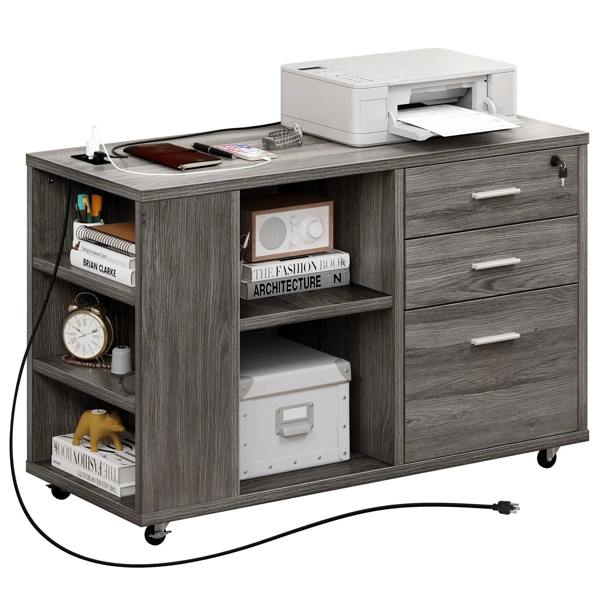 Wood File Cabinet with Charging Station Mobile Lateral Filing Cabinet Lockable Fits A4 Letter Legal Size Files