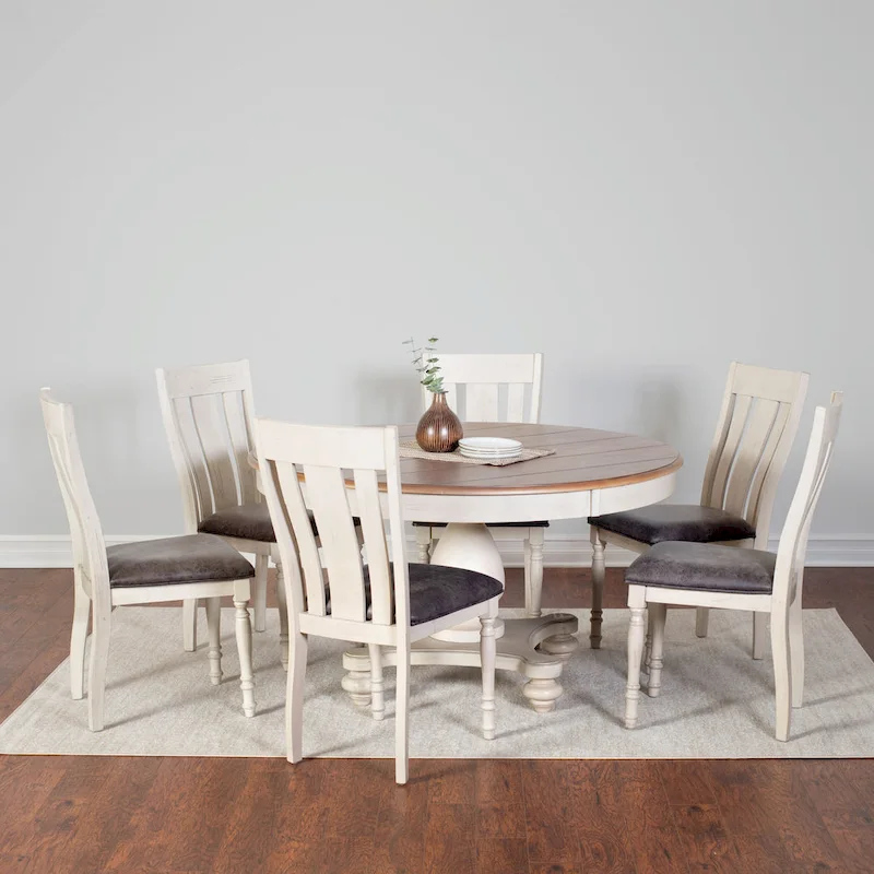 Roundhill Furniture Arch Weathered Oak 5-Piece Dining Set, Round Table with 4 Chairs