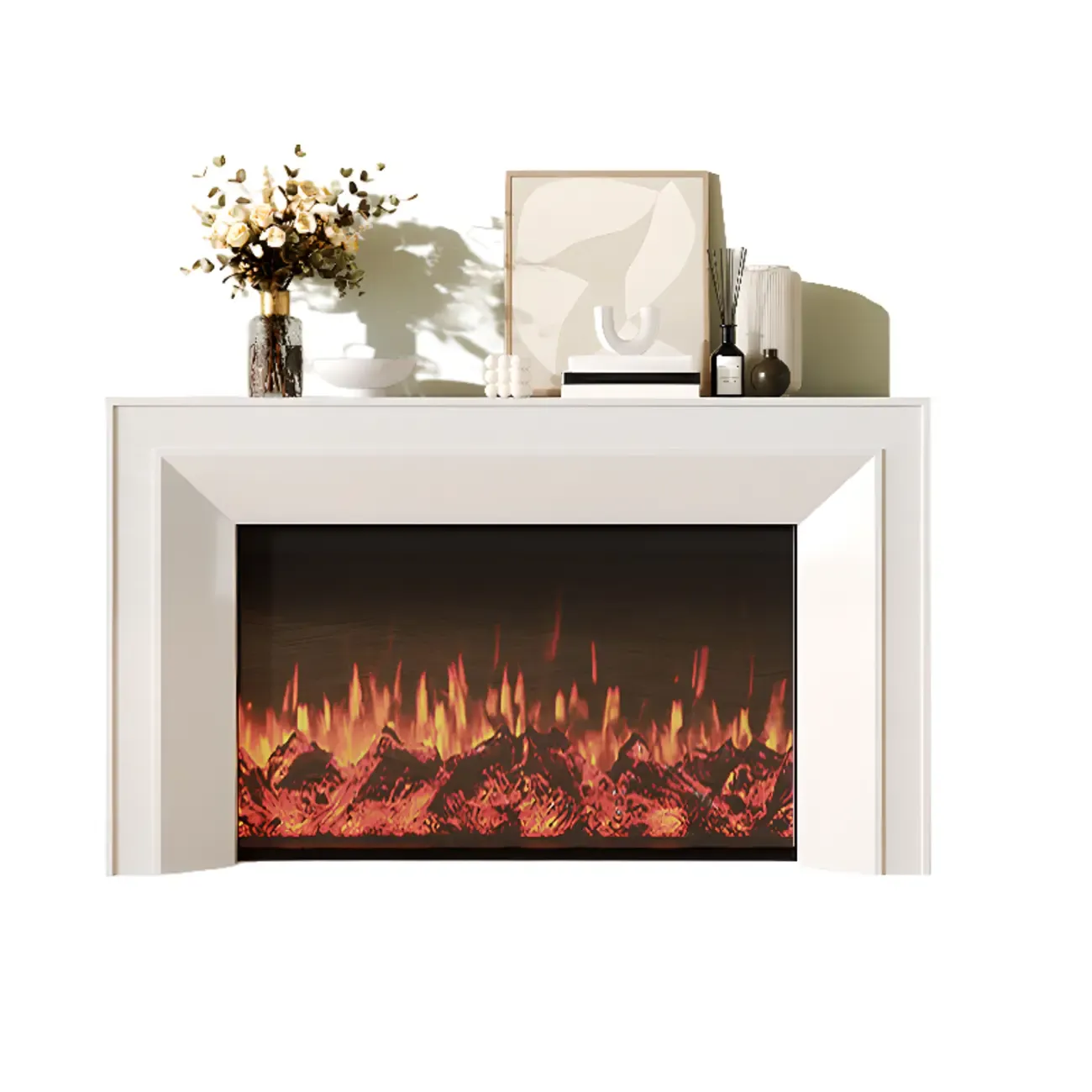 Rectangle White Solid Wood TV Stand with Fireplace & Lights