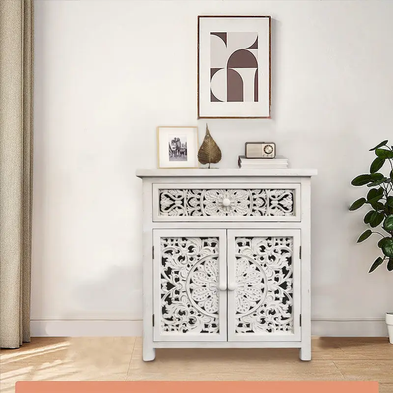 Rustic Hollow-Carved Wood Storage Cabinet with 1 Drawer and 2 Doors, Antique White, 31 H - 27.6 x 13.8 x 31