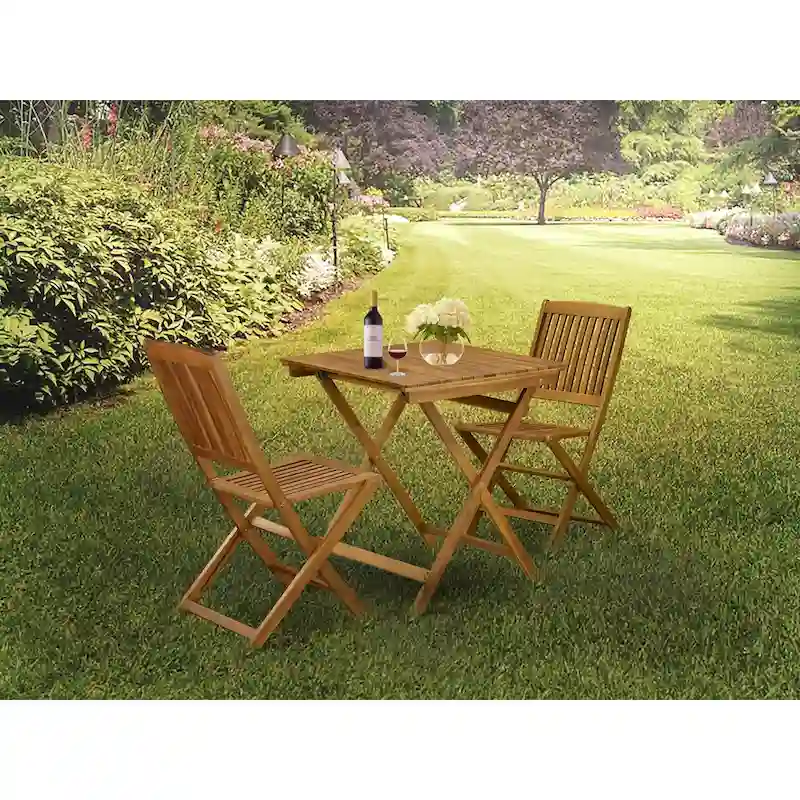 East West Furniture 3 Piece Wood Folding Table Set- a Outdoor Acacia Wood Coffee Table and 2 Folding Side Chairs, Natural Oil