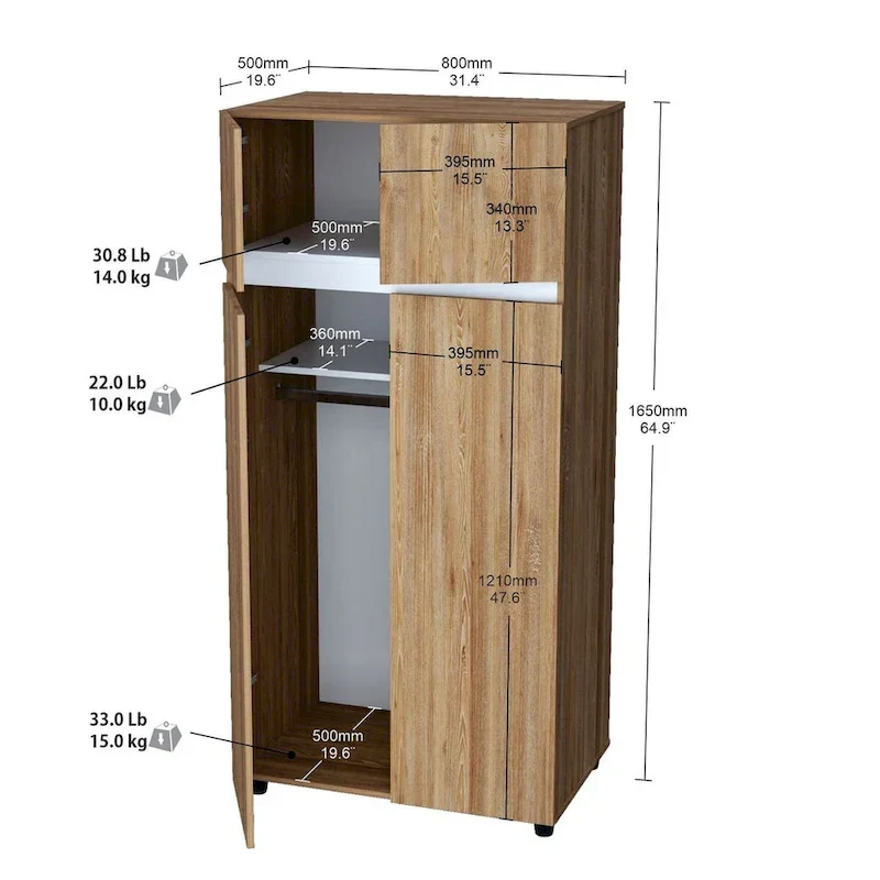 65-Inch Armoire Wardrobe with Hanging Rod and Shelves, Freestanding Bedroom Closet