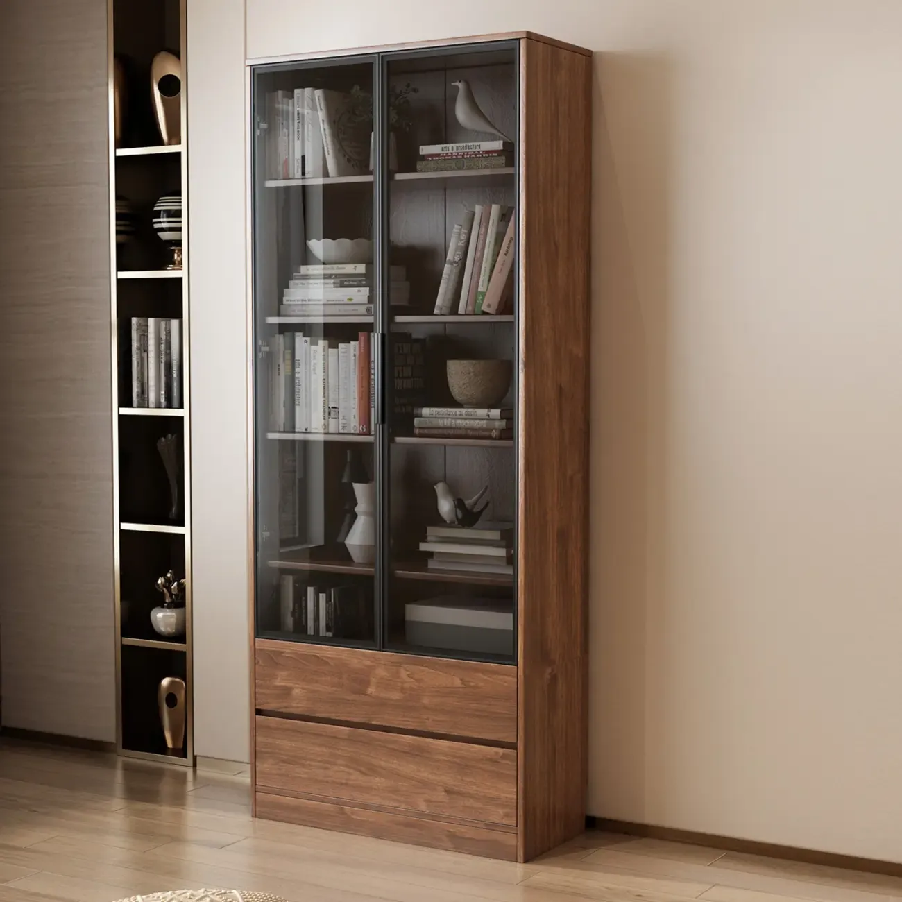 Traditional Brown Pecan Wood Bookcase with Drawers
