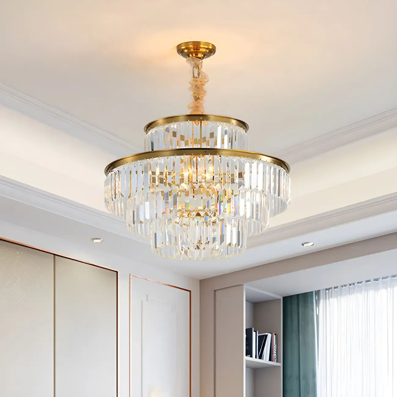Gold Crystal Cylinder Tier Circle Chandelier