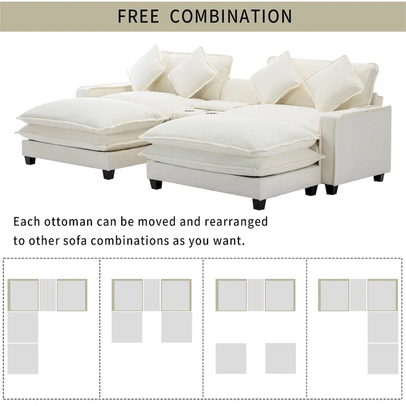 112.6 Chenille Upholstered Sectional Sofa with Two Removable Ottoman