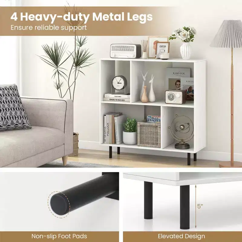 Black/Natural/White Mid-Century Modern 4-Cube Open Bookshelf, Single