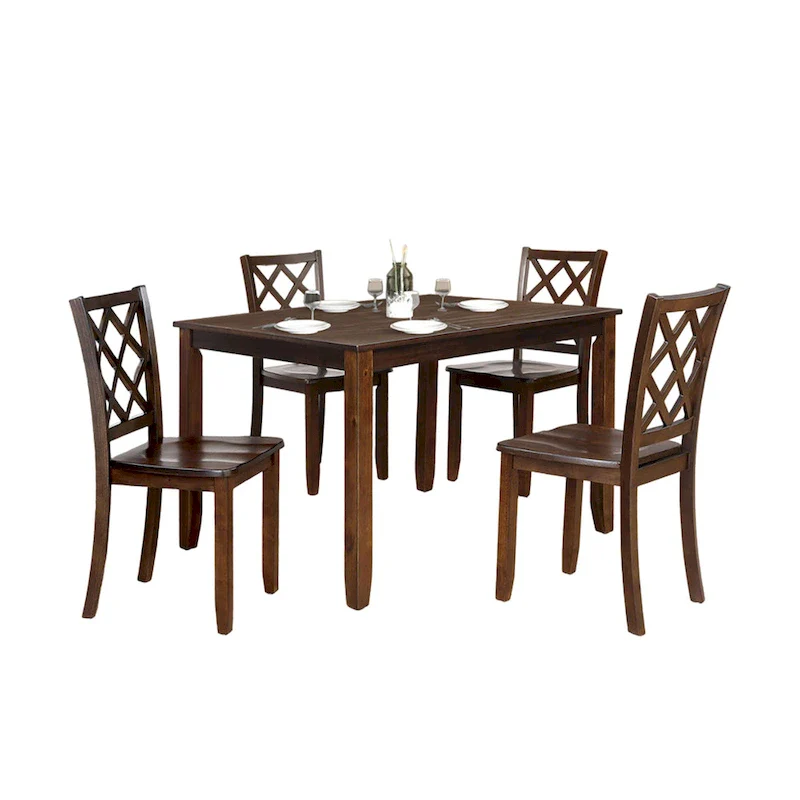 5 Piece Dining Table Set, 4 Cross Back Chairs, Cherry Brown Solid Wood