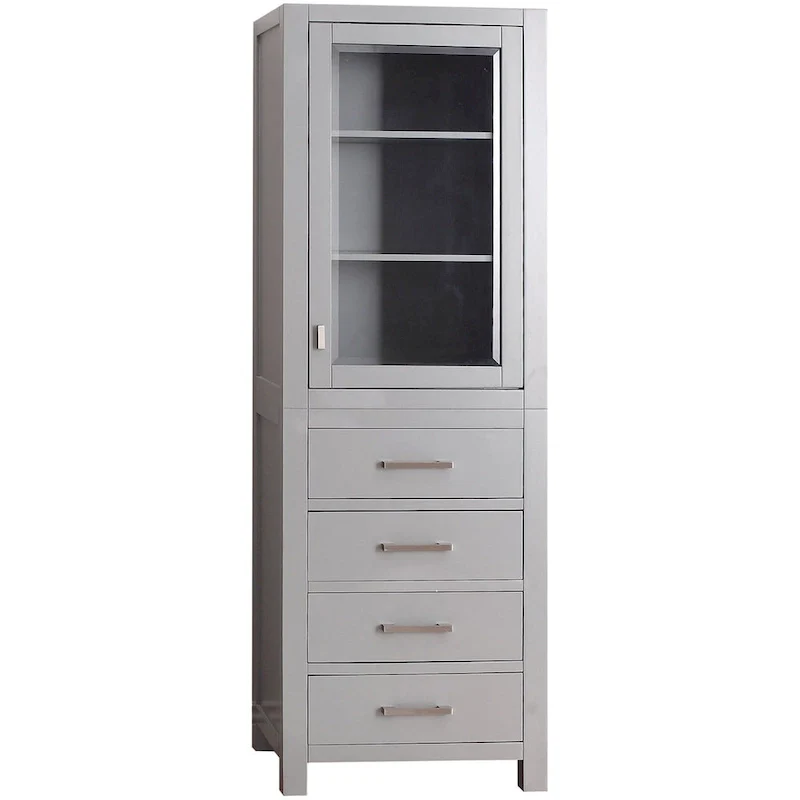 Chilled Gray Linen Tower with Glass Door, 4 Drawers & 2 Adjustable Shelves