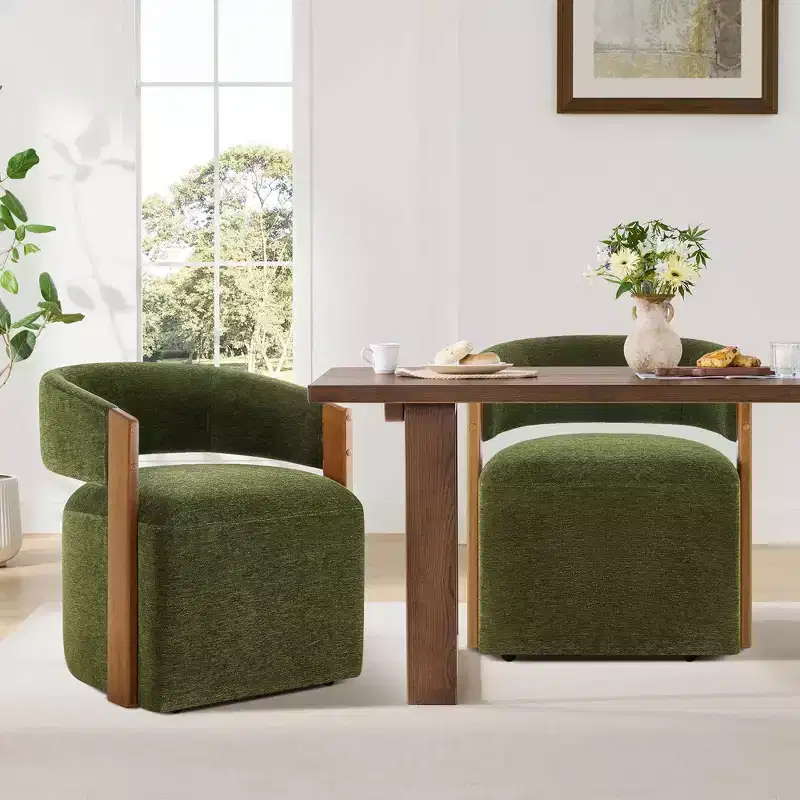 Spruce&Spring Upholstered Dining Chair with Wood Armrests & Hidden Wheels