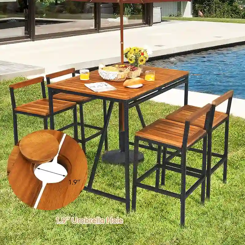 Costway 5PCS Patio Rattan Bar Table Stool Set Acacia Wood Top - See Details