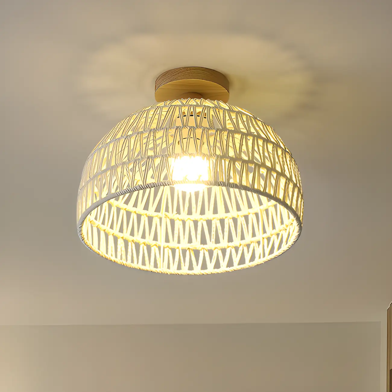 Natural Finish Semi Flush Ceiling Light with Rope Dome Shade