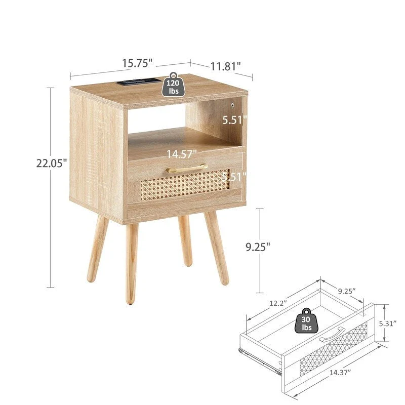 Nightstand with Charging Station End Side Table with Drawer