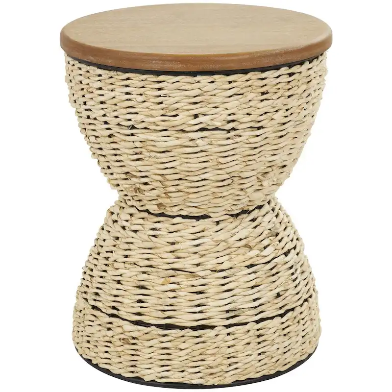 Rattan Handmade Woven Side End Accent Table with Wood Tabletop and Black Frame - Light Brown or Brown