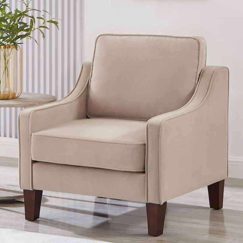 Modern Velvet Upholstered Armchair with Wooden Legs
