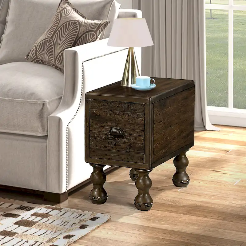 Solid Wood End Table with Drawer, 23.6 inch Narrow Side Table for Small Spaces