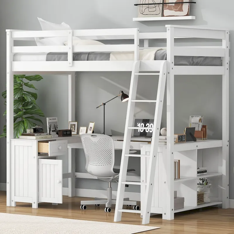 Full Size Loft Bed with U-shaped Desk, Drawers and Storage Shelves