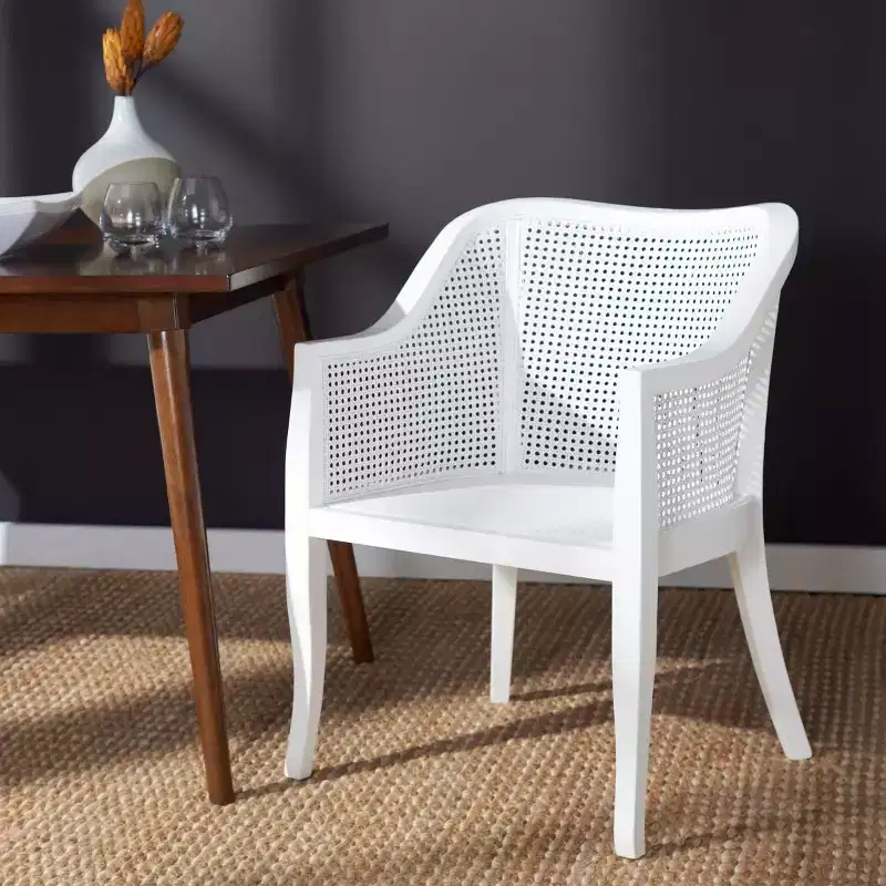 Cane Dining Arm Chair – Elm Wood Frame, Curved Back, White, 275 lb Capacity