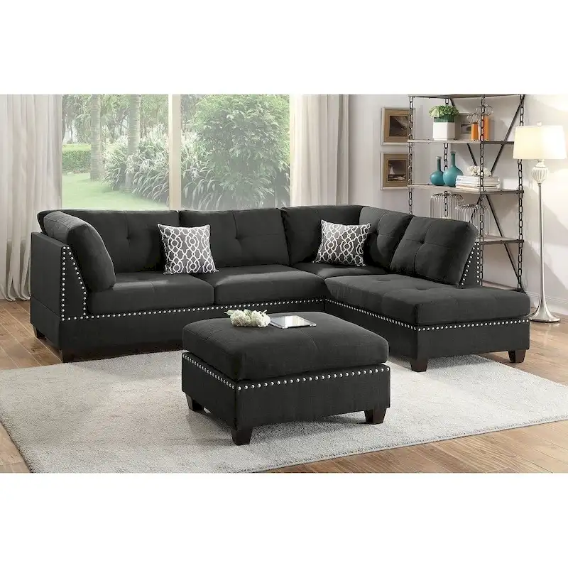 Bobkona Chaise Upholstered 3-piece Reversible Sectional Sofa Set
