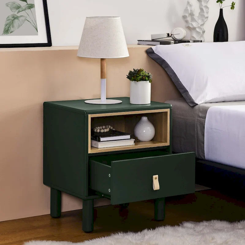 Nightstand - MDF & Solid Wood, 1 Drawer, Open Shelf, Leather Handles, 18.9W x 21.65H, Modern
