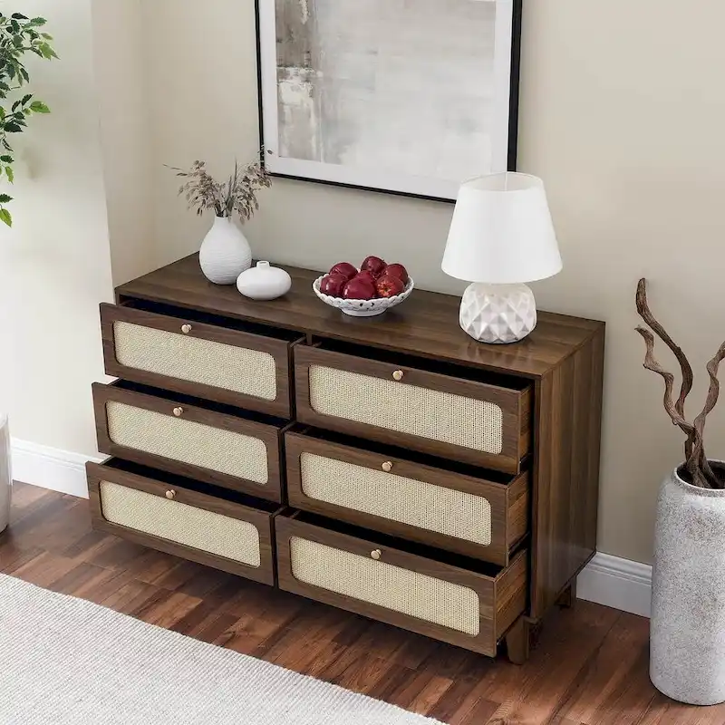 Modern Rattan Solid Wood Dresser with 6 Drawers for Bedroom