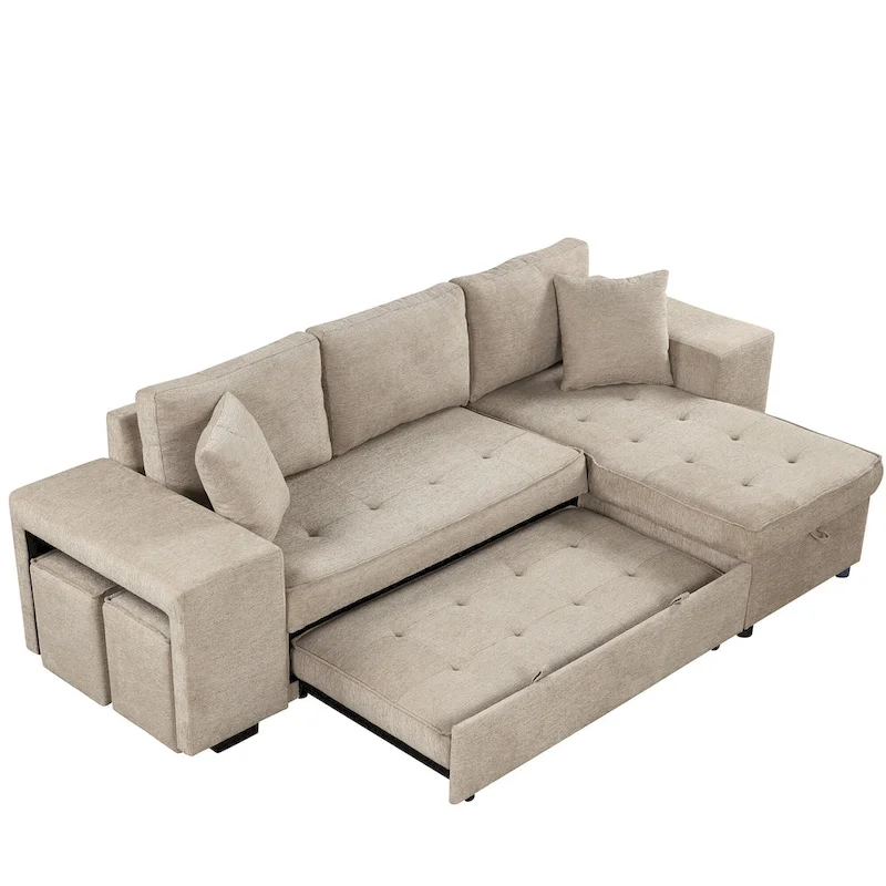 Roomfitters 3-Seater Modern L-Shape Reversible Sectional Couch, Pull-Out Sleeper Sofa with Storage Chaise and Two Stools