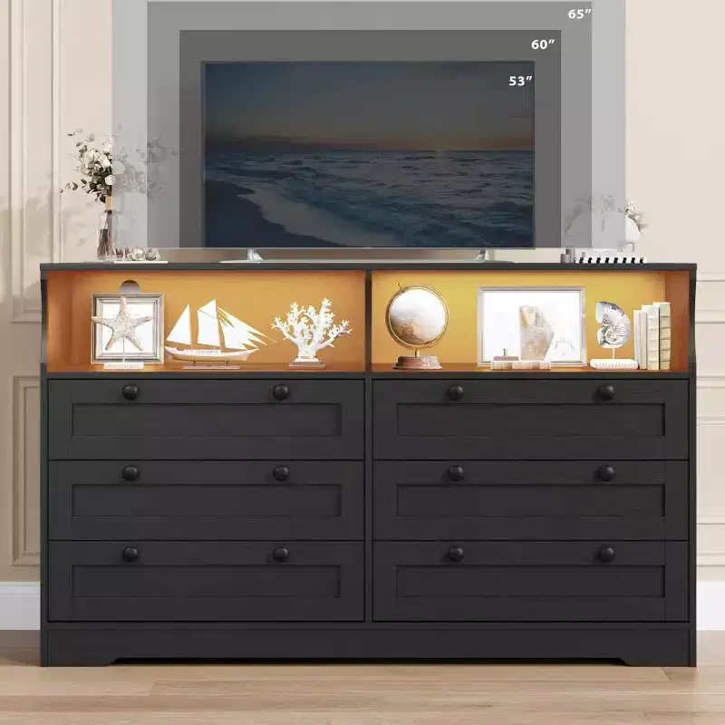 Modern Wide 6 Drawers Dressers with Power Outlet and Led Lights for Living Room, Hallway