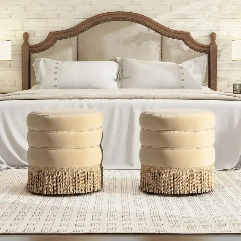 Edward 17.5 Round Upholstered Ottoman with Gold Bullion Fringe