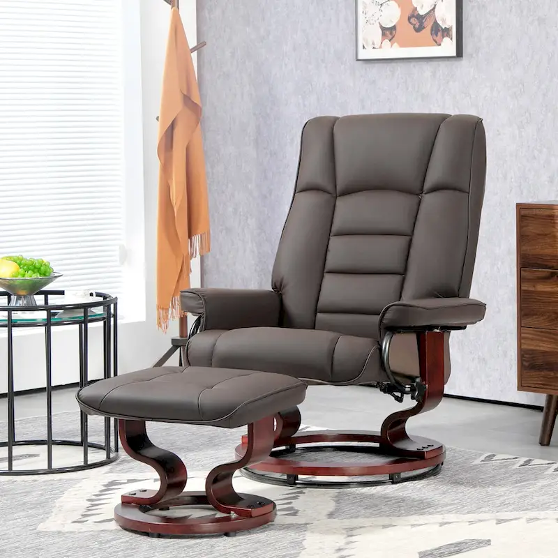Recliner with Ottoman, Swivel Recliner Chair and Ottoman, Faux Leather Reclining Chair with High Back and Wood Frame