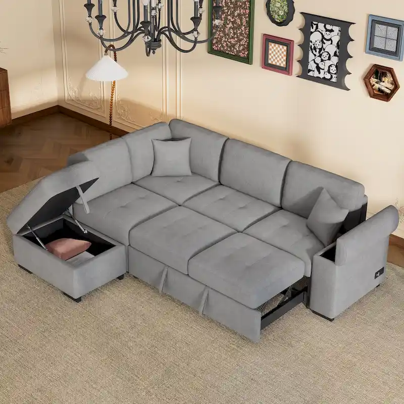 84.75 L-Shape 5 Seat Sectional Sofa with Pull-Out Bed, Storage Ottoman, Hidden Arm Storage & USB Charging