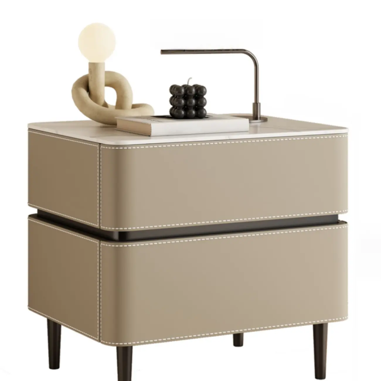 Modern Faux Marble Top Leather Rounded 2-Drawer Nightstand