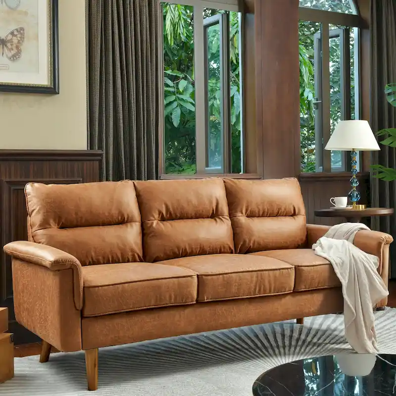 Brown Faux Leather 3-Seater Sofa with Wood Legs