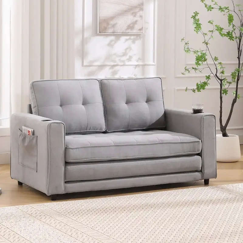 Oaks Aura Upholstered Futon Sofa with Pull-Out Sleeper Couch, Muticolour Choice Foldable Tufted Loveseat With Cup Holder