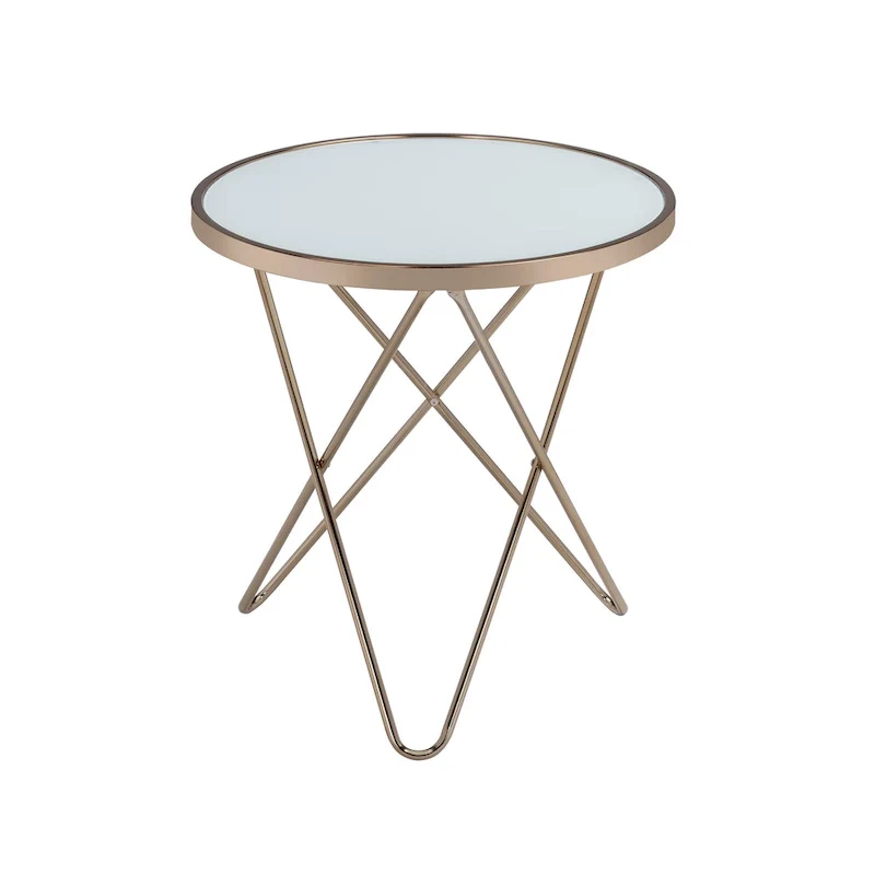 Frosted Glass Top & Champagne Finish Round End Table, with V-shaped Metal Base