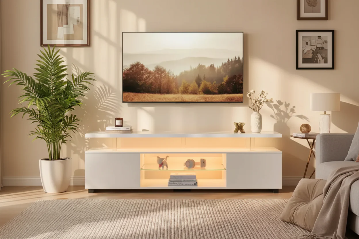 TV Stand for 70 Inch TV LED Gaming Entertainment Center Media Storage Console Table with Large Side Cabinet for Living Room White