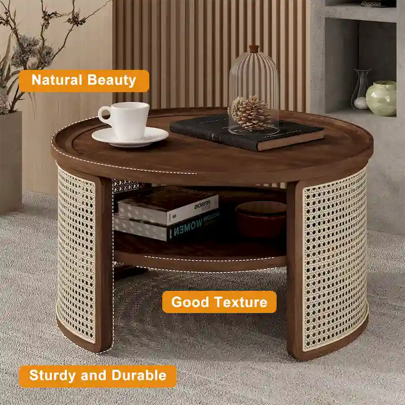 2-Tiered Round Walnut Wood Coffee Table
