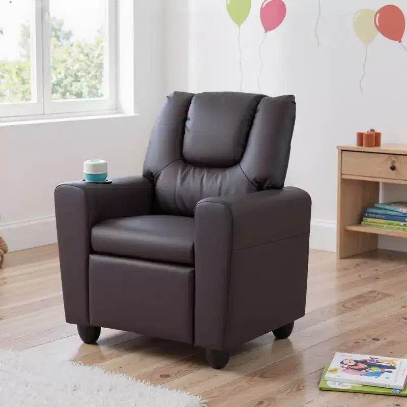 Kids Recliner Chair with Cup Holder – Beige / Black / Brown / Pink, Push-Back Style, 1-Seat