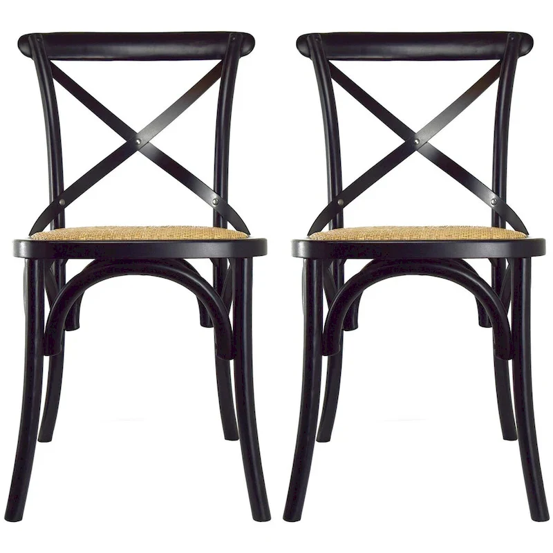Set of 2 Wood Antique Farmhouse Cross Back Dining Chairs Rattan With X Back Dark Bedroom Restaurants Hotel
