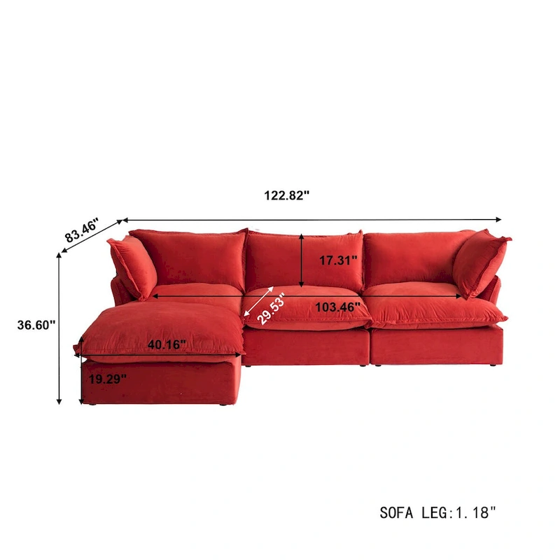 Cloud Sectional Sofa Down Feather Modular Couch L-shaped Velvet Wide Deep Seat Convertible Sofa.