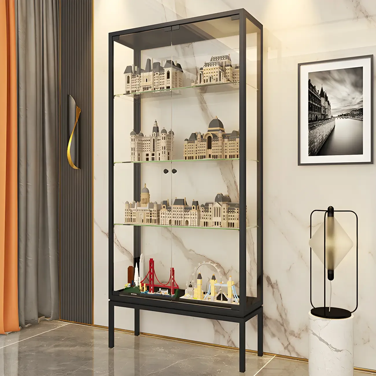 Glam Clear Glass Shelf Black Metal Frame Curio Cabinet