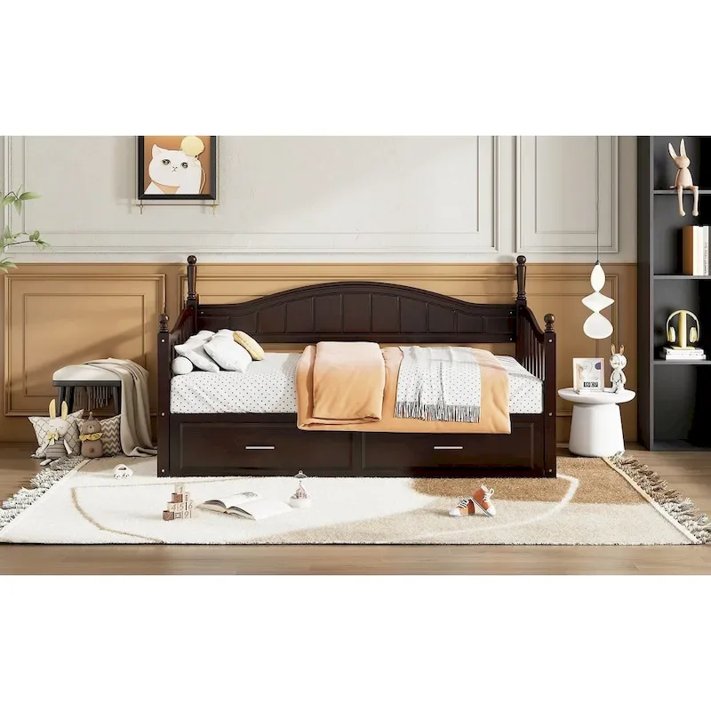 Twin Wooden Daybed with 2 Drawers & Trundle