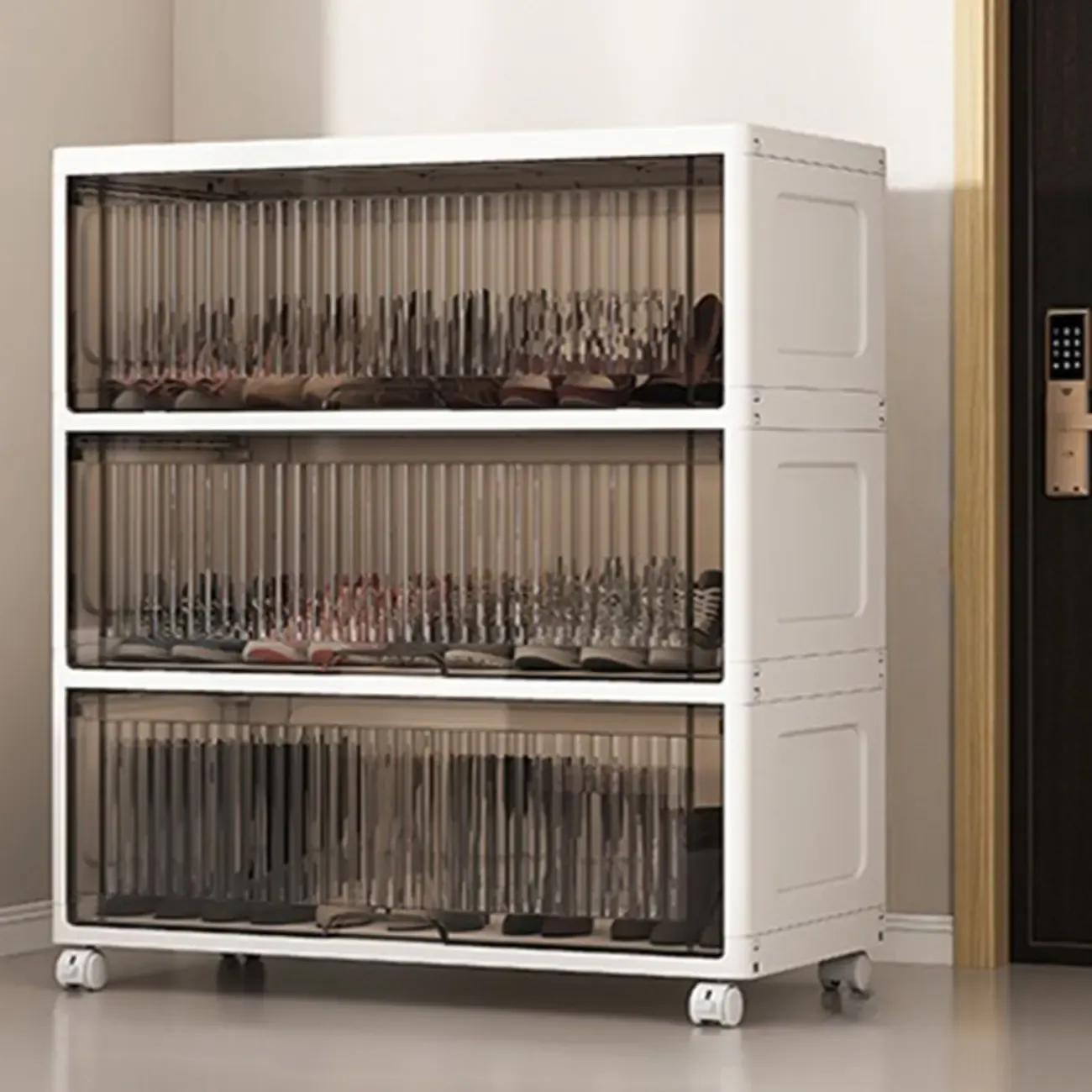 Hallway White Plastic Drop-Front Shoe Cabinet with Casters
