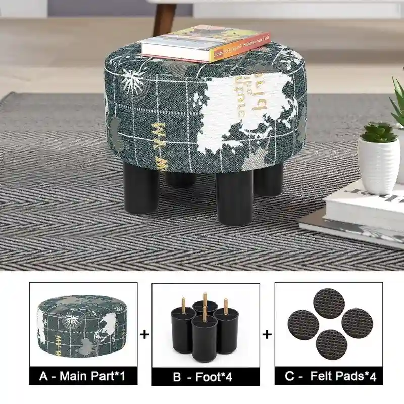 Adeco Round Ottoman Fabric Footrest Modern Padded Chair Footstool