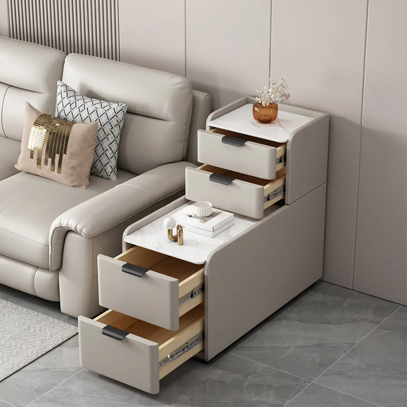 Tall 4-Drawer Stone Top Wooden L-Shaped Sofa End Table