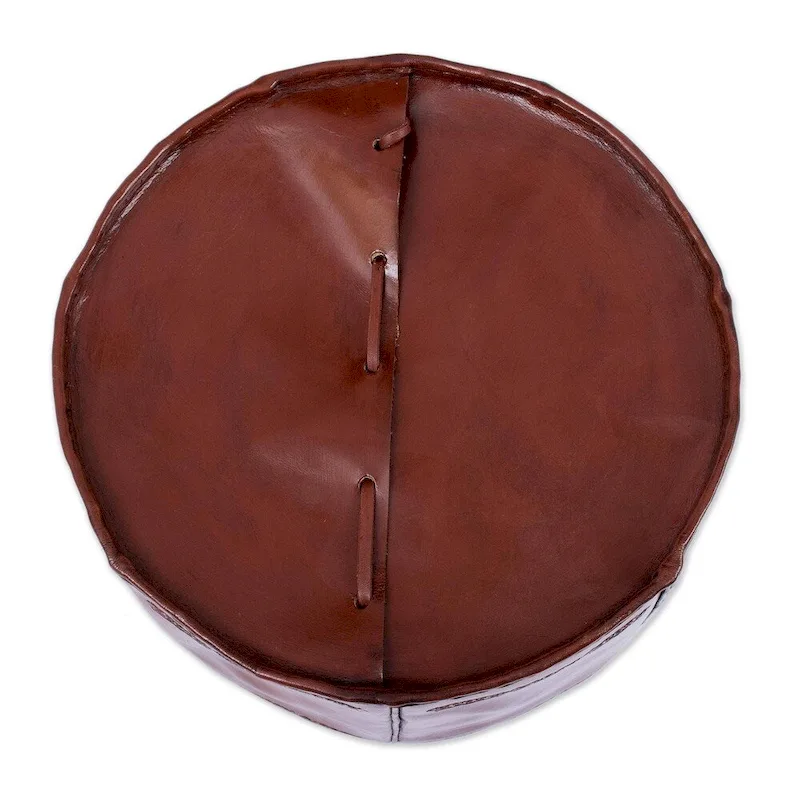 Handmade Spanish Elegance Tooled Leather Ottoman Pouf (Peru)