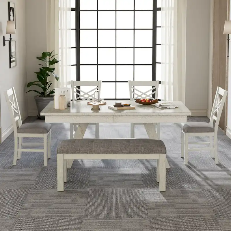 VECELO 6/8-Piece Dining Table Set with Bench, Solid Wood Rectangular Extendable Dining Table & 4 Solid Wood Dining Chairs