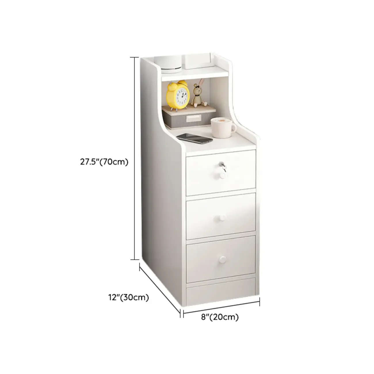 Narrow White Wood Nightstand with Drawers & Shelf