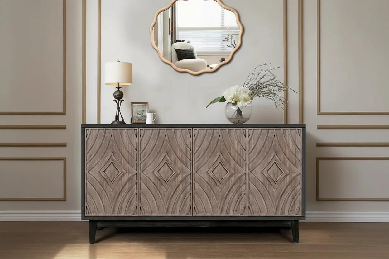 60" Antique Brown 4-Door Sideboard with Fluted Doors and Solid Wood Legs – 2 Shelves